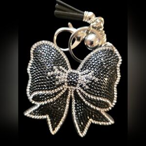 Sparkling Black Bow Bag Charm Keychain with Rhinestones